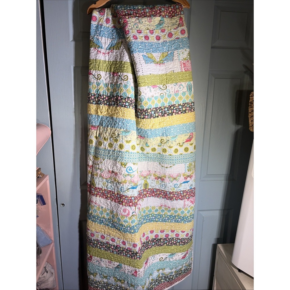 Pink & Teal Butterfly & Birds Crib Baby Quilt Cover Or Throw 36x72 Handmade.
